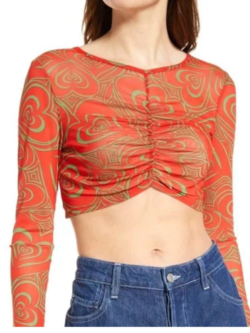 Lisa Says Gah Eleanor Ruched Red Printed Long-Sleeve Crop Top